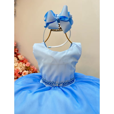 Vestido Infantil Azul Bebê Frozen Tule Com Echarpe Festa