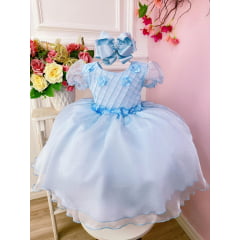 Vestido Infantil Azul Bebê Princesas Aurora C/ Aplique Flores