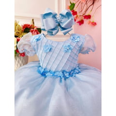 Vestido Infantil Azul Bebê Princesas Aurora C/ Aplique Flores