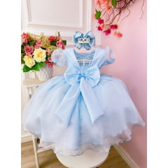 Vestido Infantil Azul Bebê Princesas Aurora C/ Aplique Flores