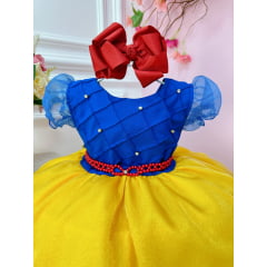 Vestido Infantil Azul Branca de Neve C/ Busto Nervura Strass