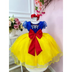 Vestido Infantil Azul Branca de Neve C/ Busto Nervura Strass