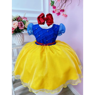 Vestido Infantil Azul Branca de Neve C/ Busto Nervura Strass