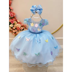 Vestido Infantil Azul C/ Aplique Borboletas e Flores Festa