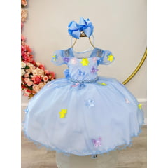 Vestido Infantil Azul C/ Aplique Borboletas Flores Pérolas
