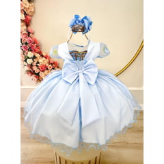 Vestido Infantil Azul C/ Aplique Borboletas Flores Pérolas