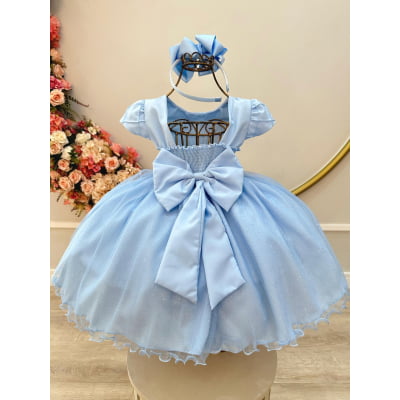 Vestido Infantil Azul Claro Busto Nervura Festas Daminhas