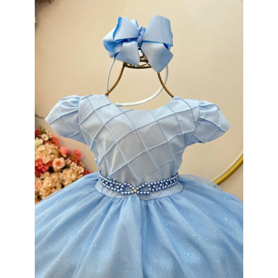 Vestido Infantil Azul Claro Busto Nervura Festas Daminhas