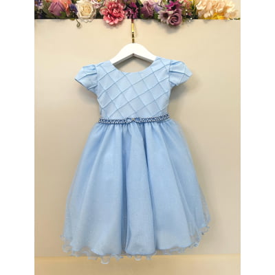 Vestido Infantil Azul Claro Busto Nervura Festas Daminhas