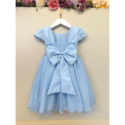 Vestido Infantil Azul Claro Busto Nervura Festas Daminhas
