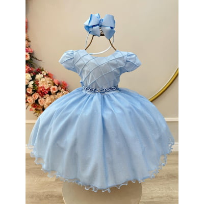 Vestido Infantil Azul Claro Busto Nervura Festas Daminhas