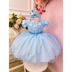 Vestido Infantil Azul Claro Com Apliques de Flores Daminha