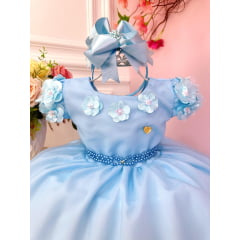 Vestido Infantil Azul Claro Com Apliques de Flores Daminha