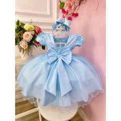 Vestido Infantil Azul Claro Com Apliques de Flores Daminha