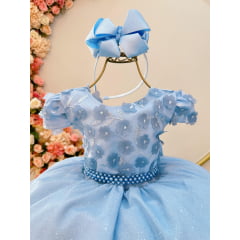 Vestido Infantil Azul Claro Saia C/ Glitter e Apliques Flores