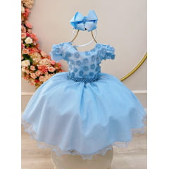 Vestido Infantil Azul Claro Saia C/ Glitter e Apliques Flores