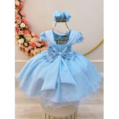 Vestido Infantil Azul Claro Saia C/ Glitter e Apliques Flores