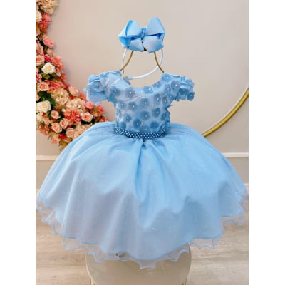Vestido Infantil Azul Claro Saia C/ Glitter e Apliques Flores
