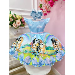 Vestido Infantil Azul Desenho Bluey Colorido Disney Festas