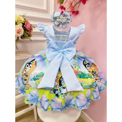 Vestido Infantil Azul Desenho Bluey Colorido Disney Festas