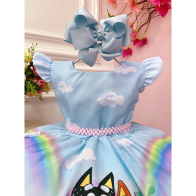 Vestido Infantil Azul Desenho Bluey Colorido Disney Festas