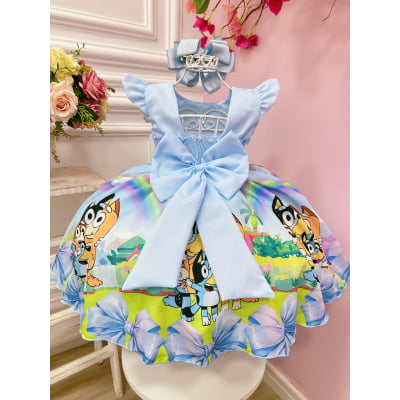 Vestido Infantil Azul Desenho Bluey Colorido Disney Festas