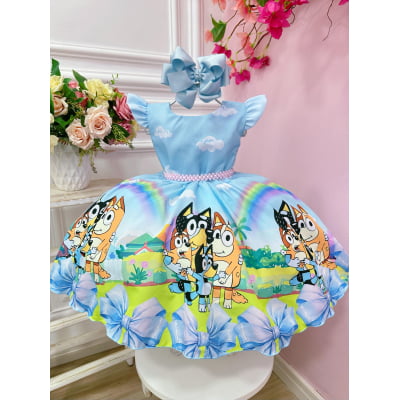 Vestido Infantil Azul Desenho Bluey Colorido Disney Festas