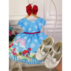 Vestido Infantil Azul Galinha Pintadinha na Fazenda Luxo