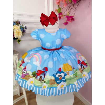 Vestido Infantil Azul Galinha Pintadinha na Fazenda Luxo