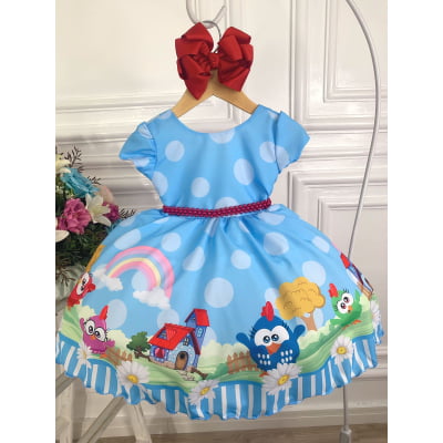 Vestido Infantil Azul Galinha Pintadinha na Fazenda Luxo