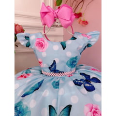 Vestido Infantil Azul Jardim das Borboletas Cinto de Pérolas