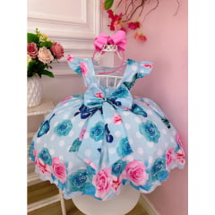 Vestido Infantil Azul Jardim das Borboletas Cinto de Pérolas