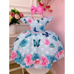 Vestido Infantil Azul Jardim das Borboletas Cinto de Pérolas