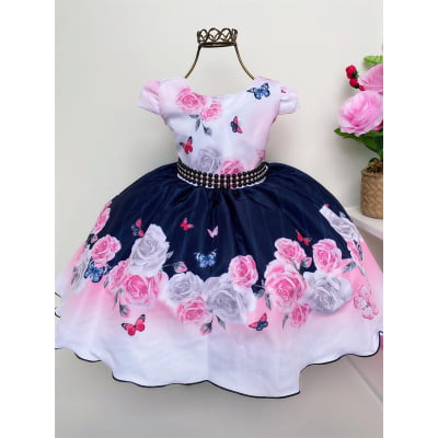 Vestido Infantil Azul Marinho Floral Off White Cinto Pérolas