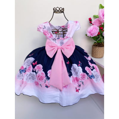 Vestido Infantil Azul Marinho Floral Off White Cinto Pérolas