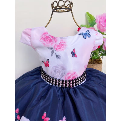 Vestido Infantil Azul Marinho Floral Off White Cinto Pérolas