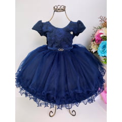 Vestido Infantil Azul Marinho Renda Princesas Cinto Pérolas