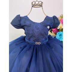 Vestido Infantil Azul Marinho Renda Princesas Cinto Pérolas