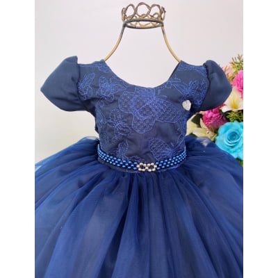Vestido Infantil Azul Marinho Renda Cinto Pérolas