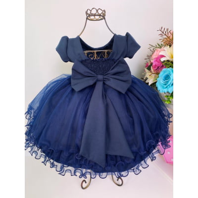 Vestido Infantil Azul Marinho Renda Cinto Pérolas