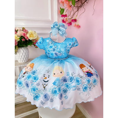 Vestido Infantil Azul Princesas Frozen Baby Festas Luxo