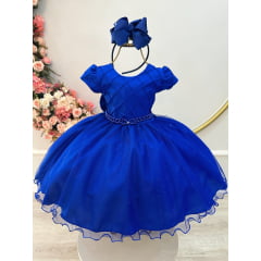 Vestido Infantil Azul Royal Busto Nervura Festas Daminhas