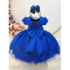 Vestido Infantil Azul Royal Busto Nervura Festas Daminhas