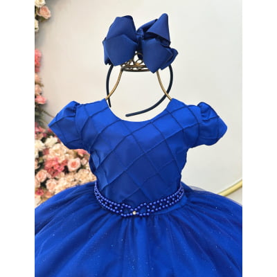 Vestido Infantil Azul Royal Busto Nervura Festas Daminhas