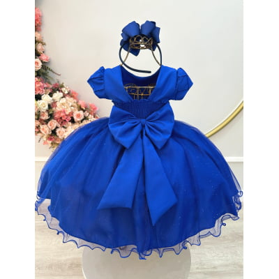 Vestido Infantil Azul Royal Busto Nervura Festas Daminhas