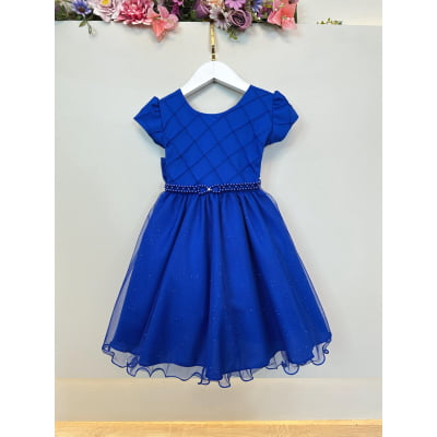 Vestido Infantil Azul Royal Busto Nervura Festas Daminhas