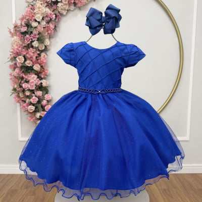 Vestido Infantil Azul Royal Busto Nervura Festas Daminhas