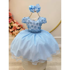 Vestido Infantil Azul Saia C/ Glitter e Apliques de Flores