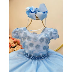 Vestido Infantil Azul Saia C/ Glitter e Apliques de Flores