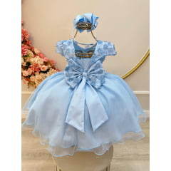 Vestido Infantil Azul Saia C/ Glitter e Apliques de Flores